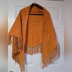 100% Suede Fringed Orange Shawl Wrap Western Shawl